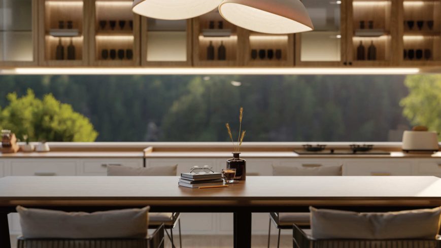 Un plan de travail central avec un éclairage dessus