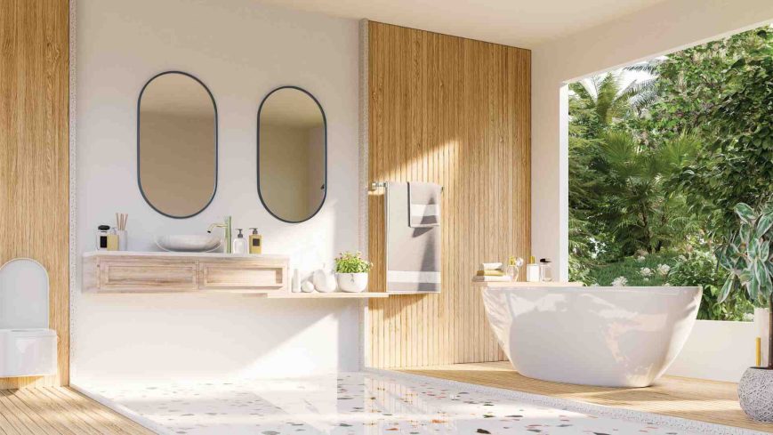 Grande salle de bain en bois de luxe